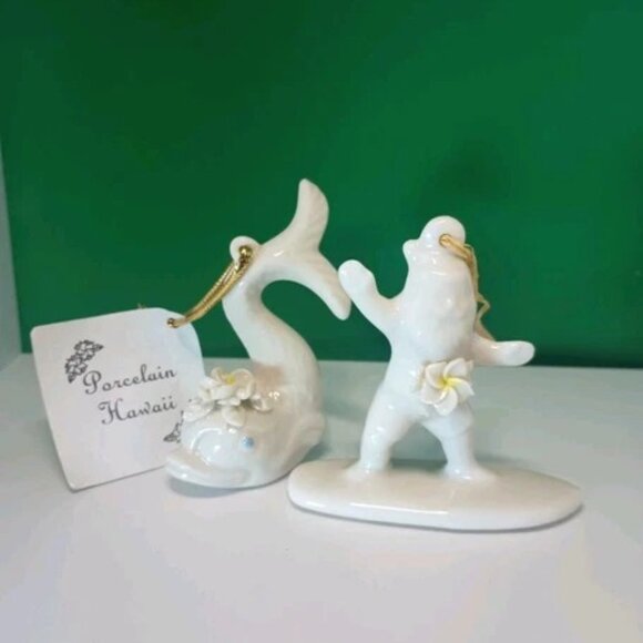 Rare Peter Okumoto Porcelain Hawaii Plumeria Dolphin + Surfing Santa Signed